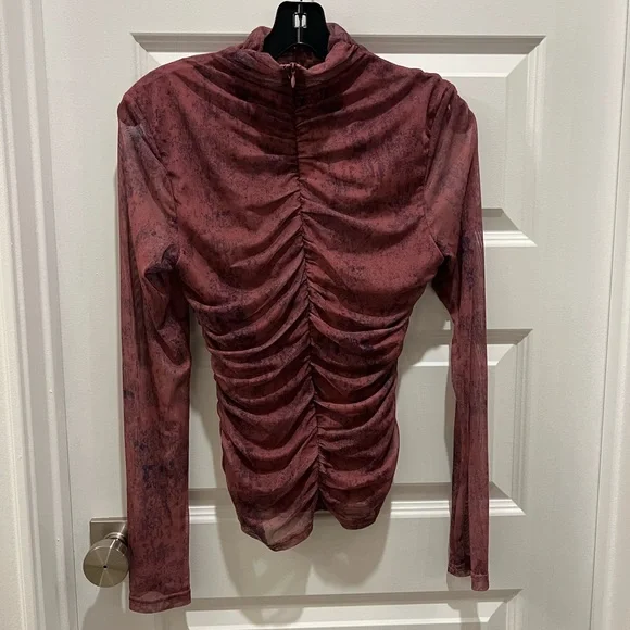 Zara Ruched Long Sleeve Blouse - Deep Burgundy/pink. Sheer - Picture 2 of 4